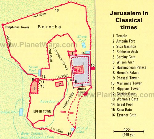 Mapa de la antigua Jerusalén - Atracciones turísticas