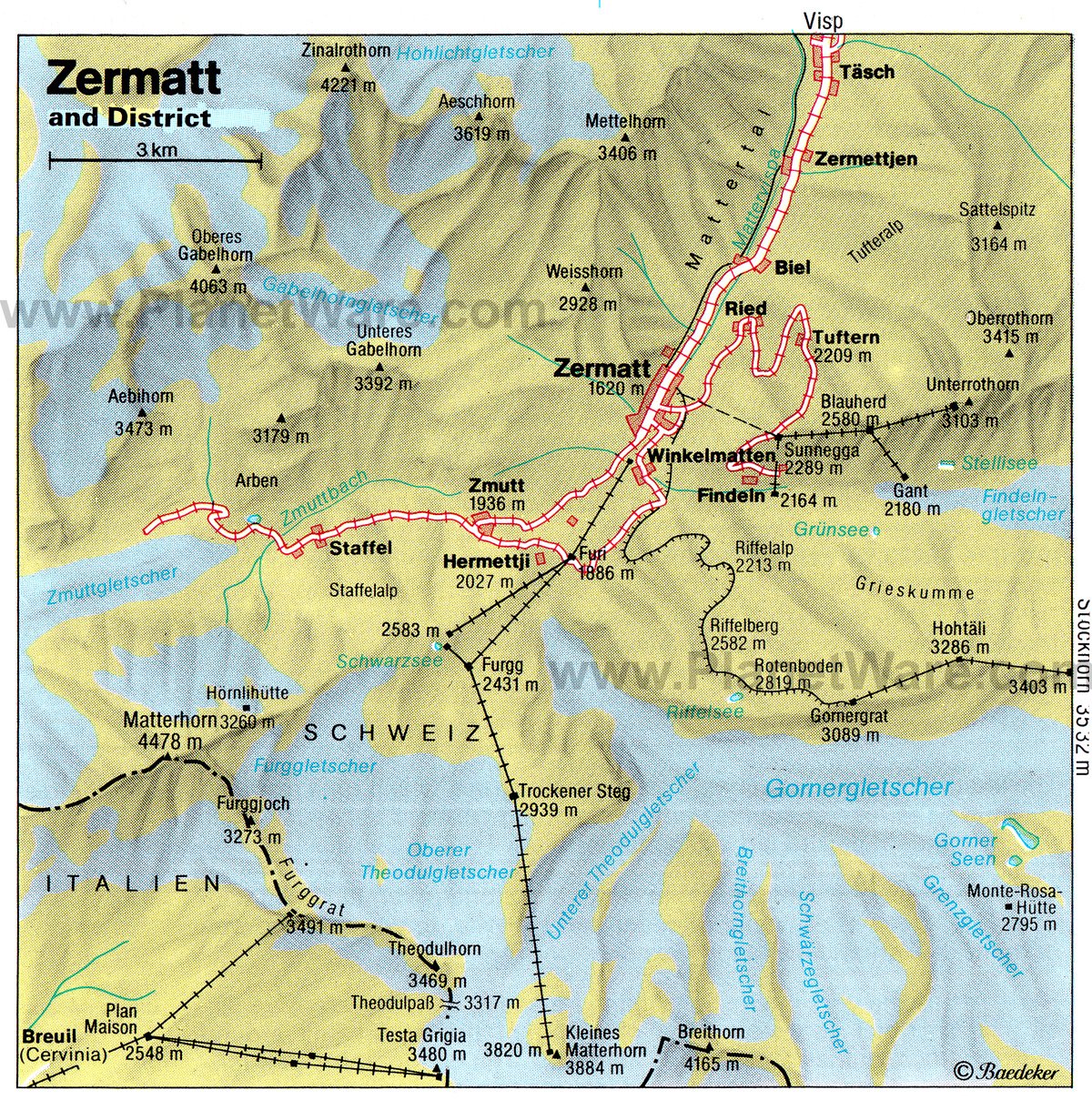 Mapa de Zermatt y Distrito - Atracciones Turísticas